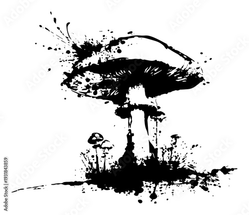Forest mushroom illustration with creative black ink splatters and grungy artistic elements