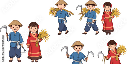 Asian Farmers Harvesting Rice Collection with Traditional Clothing Straw Hats and Sickle Tools Cartoon Vector Illustration Set