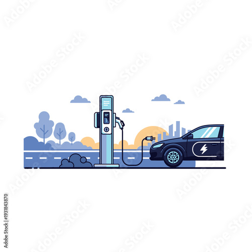 An electric car being charged at a charging station