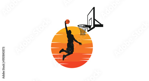 A black silhouette of a basketball player is captured mid-air performing a dunk with a ball and a hoop against an orange sunset.