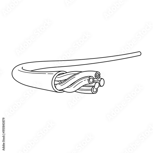 A coiled cable with exposed wires on a white background