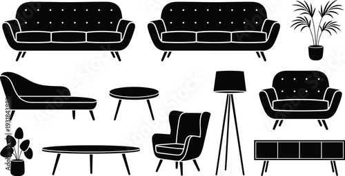 Modern furniture icons silhouette set, sofa chaise lounge loveseat, coffee table cabinet decor, potted plant lamp vector, interior design collection