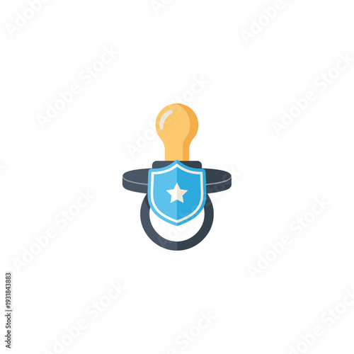 A blue and yellow pacifier with a star on the shield