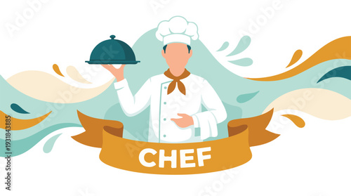 Professional chef holding a serving cloche with a decorative banner and abstract background