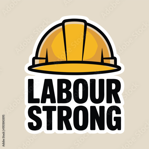 A yellow hard hat illustration with the text labour strong beneath it