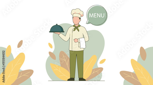 Professional chef or waiter serving food with a menu speech bubble illustration
