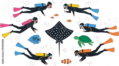 Scuba Divers Swimming Around Stingray with Sea Turtle Fish and Clownfish Underwater Marine Life Vector Illustration