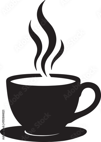 A black and white illustration of a steaming cup of coffee on a saucer