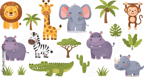 Cute Safari Animals Collection with Lion Giraffe Elephant Monkey Zebra Hippo Crocodile and Rhino Cartoon Vector Set