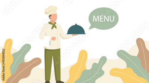 Chef with serving cloche and menu speech bubble in flat illustration
