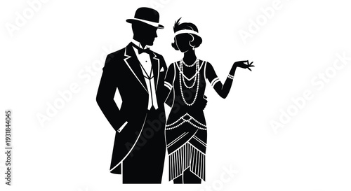 A striking black silhouette depicts a formally dressed couple in a vintage style evoking the jazz age silhouette high quality professional