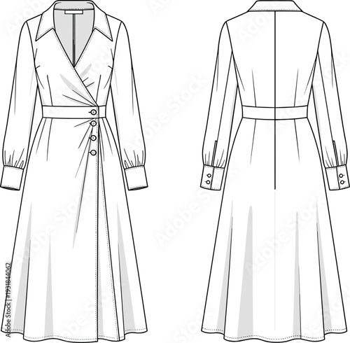 Long sleeve wrap midi dress vector sketch, side button closure A-line skirt, fashion flat technical drawing, notched collar, white.