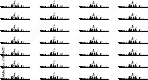 Naval warship silhouettes grid, military ship icons, black vector illustration, defense fleet design, minimal pattern art, organized layout, maritime collection