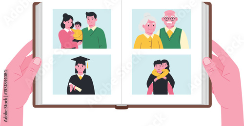 Family Photo Album in Hands with Generational Portraits Graduation and Happy Family Memories Vector Illustration