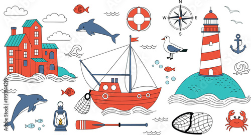 Nautical Marine Elements Collection with Lighthouse Boat Dolphins Seagull Anchor and Coastal House Vector Illustration Set