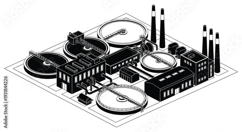 An isometric illustration depicts an industrial complex with tanks pipes and smokestacks rendered as a silhouette high quality professional detailed modern