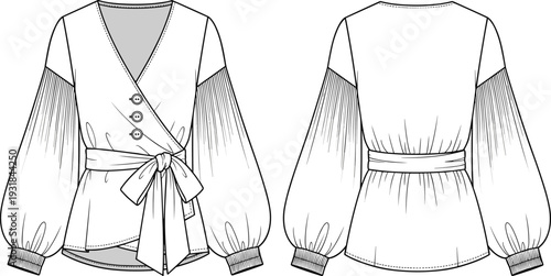 Women Wrap Blouse with Waist Tie and Pleated Puff Sleeves Front and Back View Fashion Technical Line Art