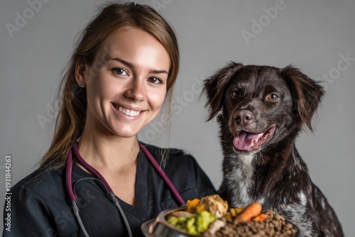 Pet nutritionist choosing food for a dog, holding a dog smiling. AI generated