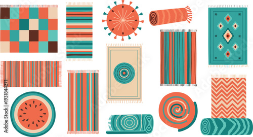 Colorful Bohemian Rug Collection Set with Geometric Patterns, Striped Carpets, Round Mats and Decorative Textile Elements Vector Illustration