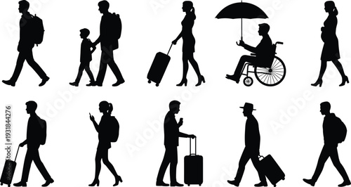 People silhouettes collection, travelers with suitcase, pregnant woman, person in wheelchair, diverse demographics, public transit, airport scene, train station, mobility concept, journey