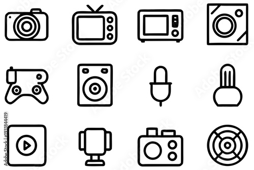 A set of modern black line icons representing various electronic devices and media symbols.