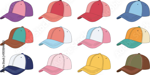 Colorful Baseball Cap Collection Set with Different Color Combinations and Casual Sports Hat Designs Vector Illustration