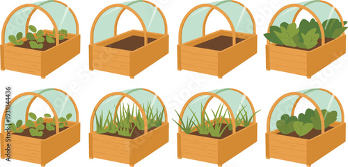 Raised garden bed icons, greenhouse dome covers, plant growth stages, farming design, agriculture illustration, minimal vector art, gardening pattern collection