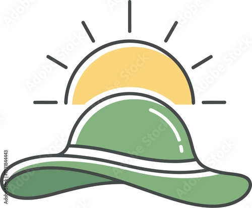Simple line art illustration depicting a summer sun behind a wide brim green hat