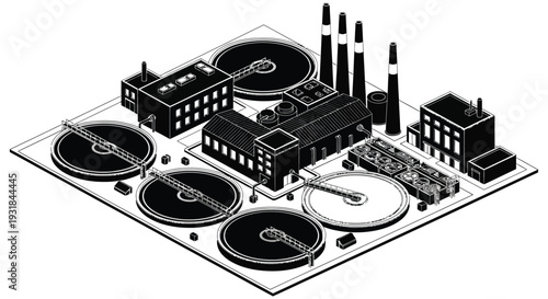 An isometric illustration depicts a complex industrial facility with cooling towers and circular tanks rendered as a silhouette high quality professional