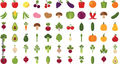 Colorful Fruits and Vegetables Collection Set with Fresh Organic Farm Produce Icons Vector Illustration