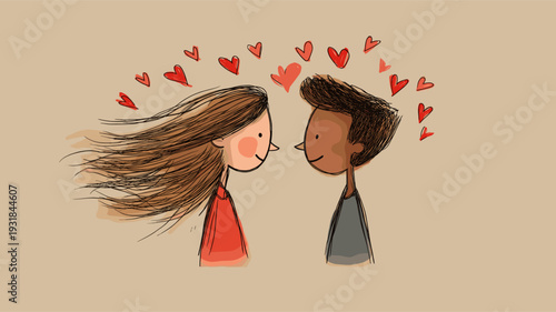 Smiling cartoon boy and girl with red hearts floating above them, depicting true love. Happy cartoon couple showing love and affection