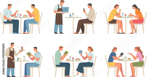 Restaurant dining illustration, people eating vector, waiter serving food, social interaction artwork, modern lifestyle decor, diverse dining activities graphic art