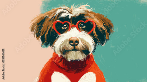 Doodle dog wearing a red heart sweater with heart-shaped glasses. Dog wearing red heart sweater and glasses for Valentine