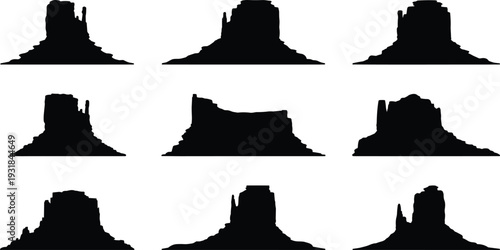 Rock formation silhouette grid, desert mesa icon, Monument Valley butte illustration, geological landscape vector, erosion pattern design, natural rock silhouette background