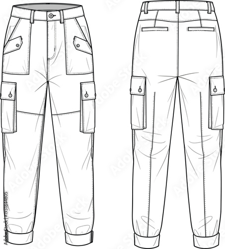 Technical Fashion Flat Sketch of Women's High Waist Cargo Pants, Front and Back View, Multi Pocket Tactical Trousers Vector Template