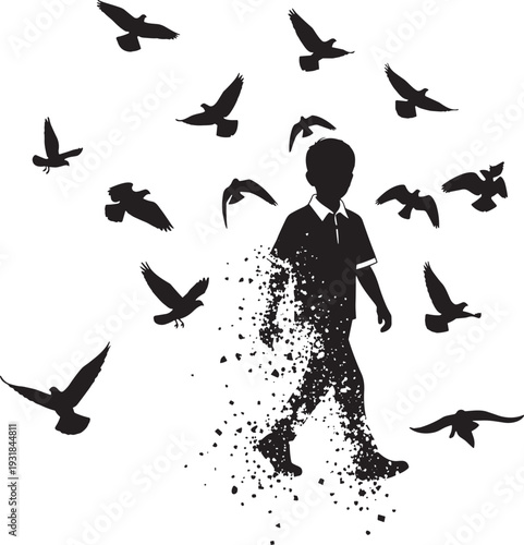Black silhouette boy walking with flock birds dispersing into particles dust trail magical freedom childhood wonder pigeons doves, inspirational vector illustration for dream hope designs logos