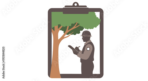 Arborist Inspecting Tree Health on Clipboard Document. Vector Illustrations. EPS Editable