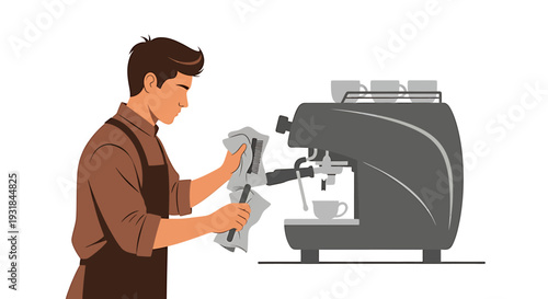 Barista cleaning coffee machine in a cafe. Vector Illustrations. EPS Editable