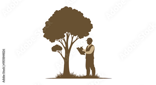 Arborist Inspecting a Healthy Tree in a Field. Vector Illustrations. EPS Editable