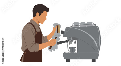 Barista Grinding Coffee Beans with Espresso Machine. Vector Illustrations. EPS Editable