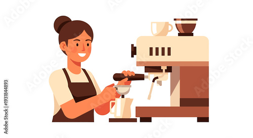 Barista Making Coffee with Espresso Machine. Vector Illustrations. EPS Editable