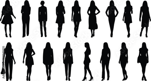 Women silhouettes collection, fashion poses illustration, stylish female figures, modern outfit icons, diverse clothing styles, fashion design graphic art