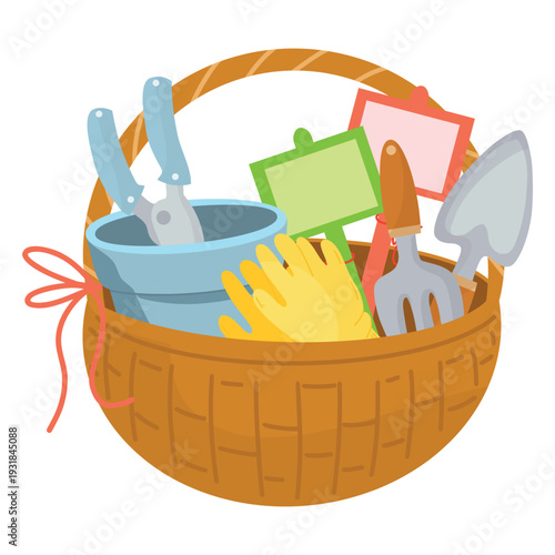 Garden tools basket Illustration. Planting tools set. Gardening essentials illustration