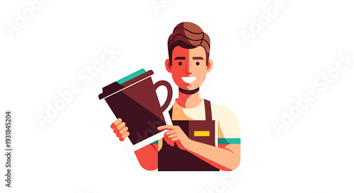 Cartoon Barista Holding Coffee Mug. Vector Illustrations. EPS Editable