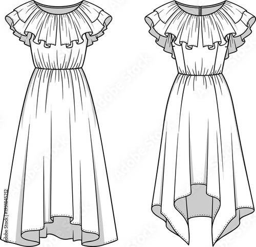 Technical, fashion, illustration, of, a, women's, ruffled, high-low, midi, dress, mockup, with, front, and, back, views, for, apparel, design, branding.