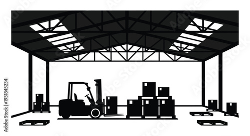 A stark black and white depiction of a warehouse interior including a forklift and stacked pallets silhouette high quality professional detailed