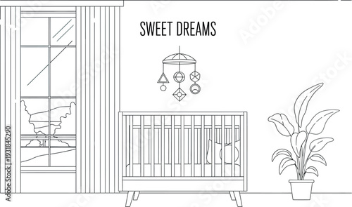 Minimalist line art illustration featuring a modern baby crib and window view