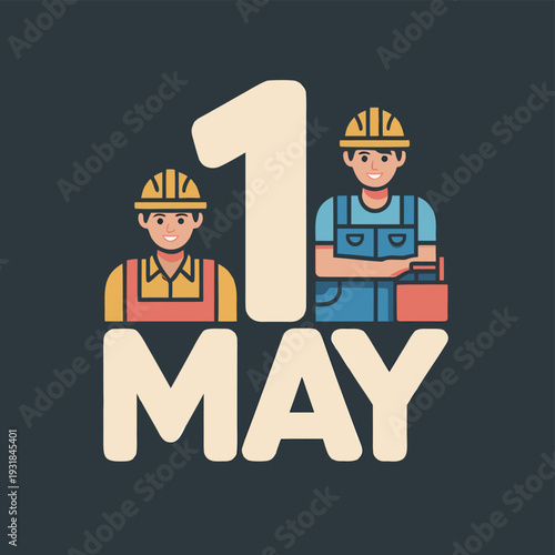 May day celebration design featuring construction workers and a large number one