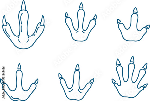 Vector art of collection of blue dinosaur footprints in different orientations and styles