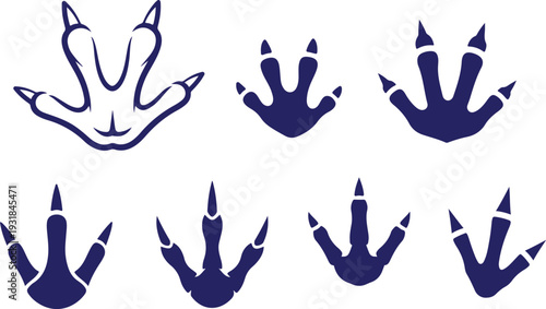Vector art of set of blue dinosaur footprints in various orientations